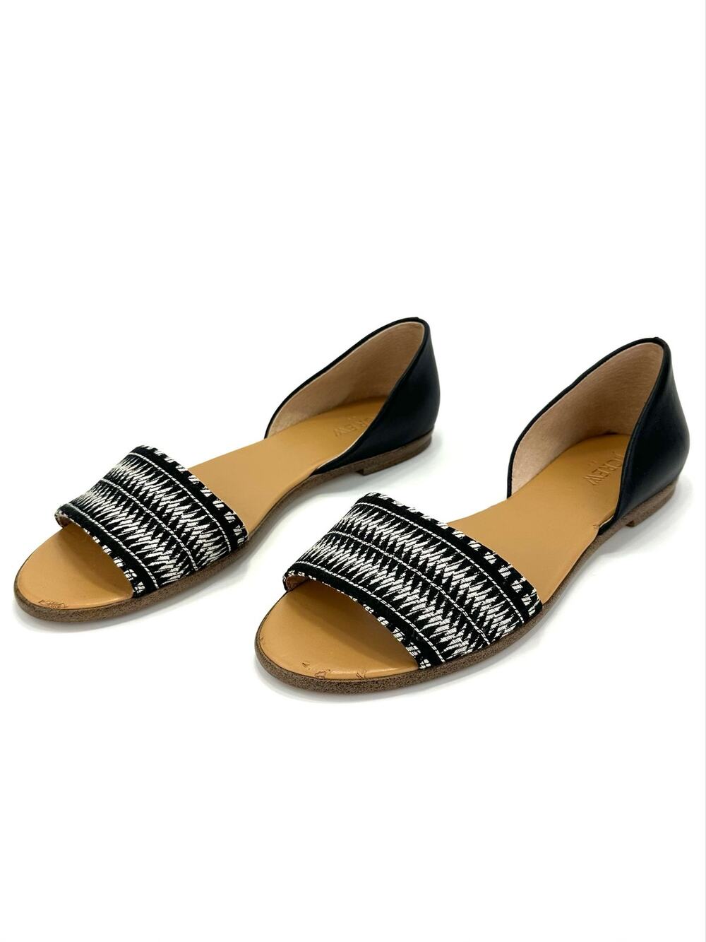 J.Crew Flat Sandal Size 8.5 Black/White Leather/Textile Open Toe Padded Footbed